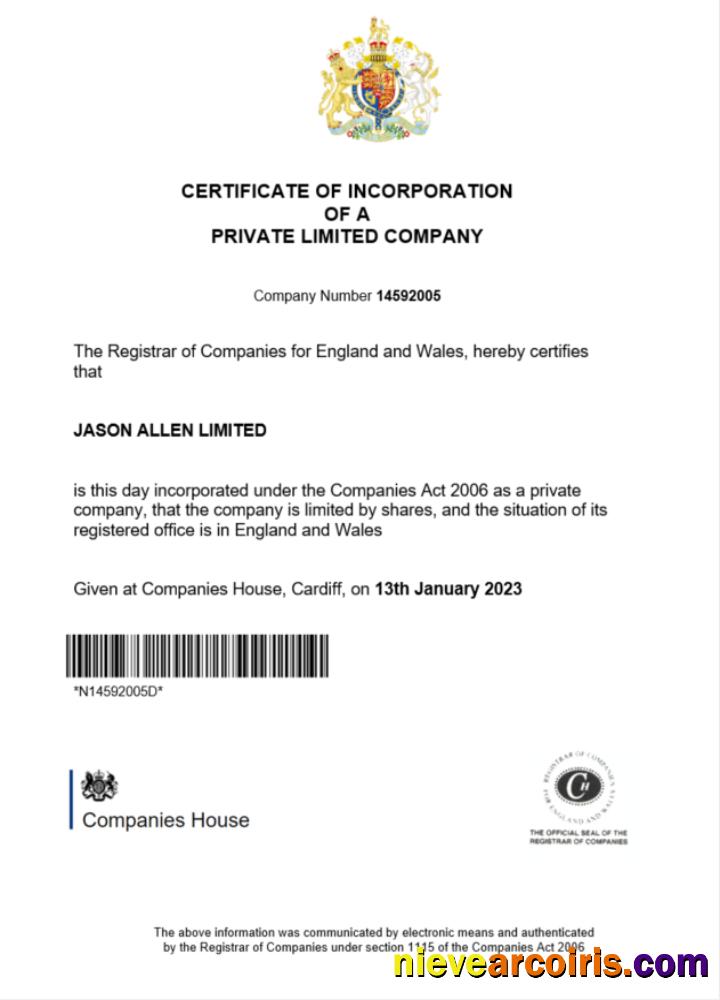 England and Wales certificate of incorporation registration